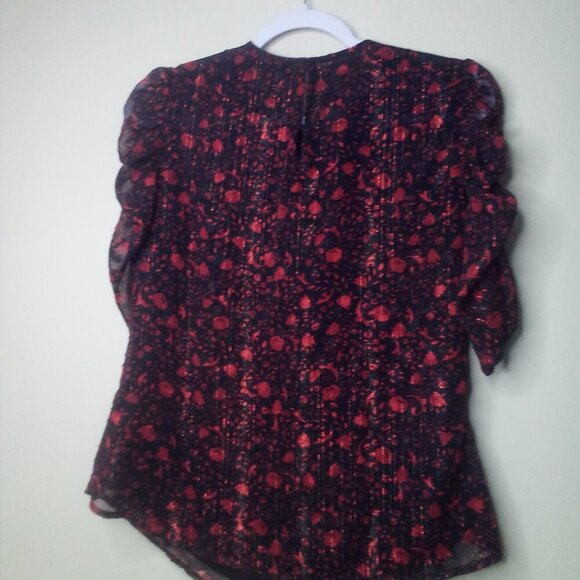 Express Blouse Shirt Women S 1/2 Gathered Sleeves Lined Pattern Red Black - Picture 11 of 15